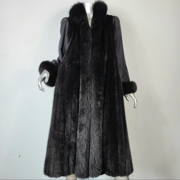 Black Ranch MINK Fur Coat with FOX Fur Trim! - Picture 5 of 12